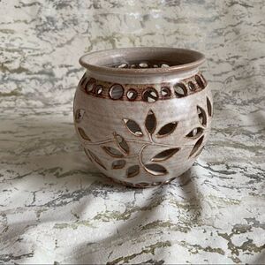 Vintage Hand glazed Pottery Signed Floral Cutout